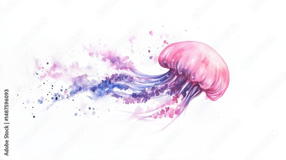 Fototapeta premium Ethereal jellyfish glows softly amidst a backdrop of delicate flowers and stars. Generative AI