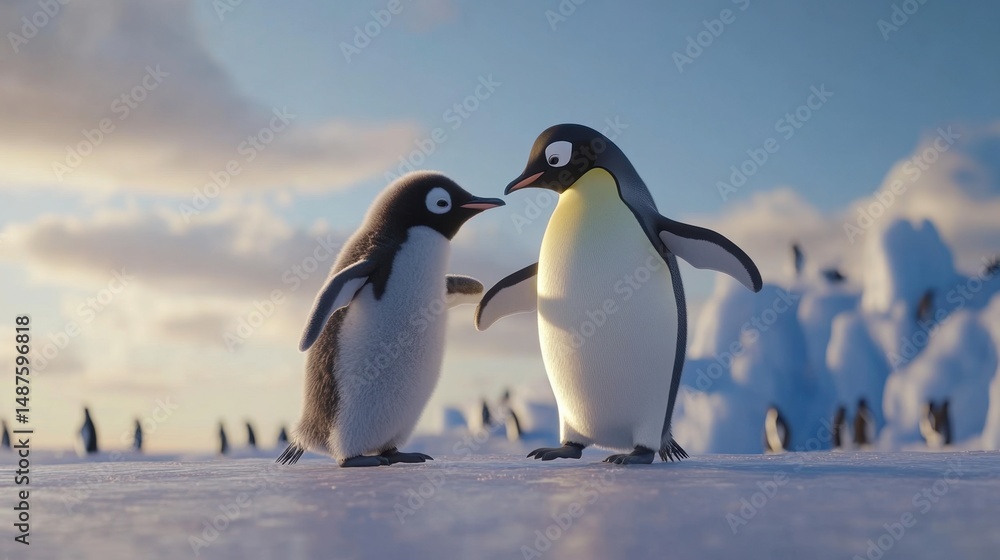 Obraz premium Emperor penguins interacting and grooming each other on a smooth icy plain