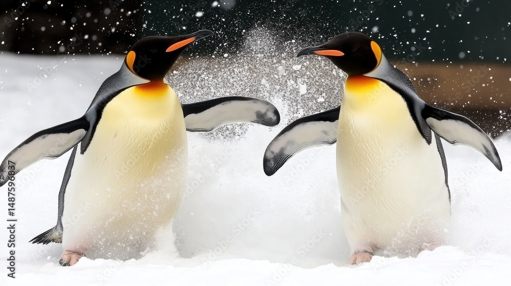 Fototapeta premium Emperor penguins spreading out over a snowfield, showing natural behavior and space