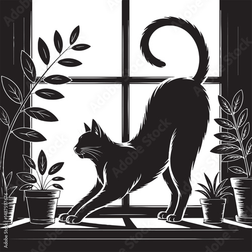 Stretching Cat on Windowsill with Potted Plants – Black and White Silhouette Line Art