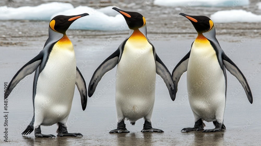 Fototapeta premium Group of penguins near a frozen inlet, reflecting the desolate beauty of Antarctica