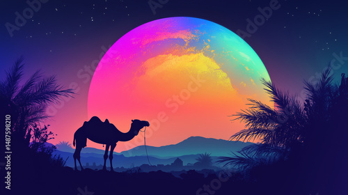 Camel silhouettes in desert under glowing colorful moon in dreamlike digital scene blending culture and fantasy