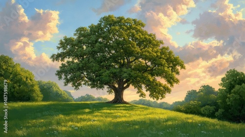 Lone oak tree in the center of a bright green field under radiant sunset hues of magenta and gold