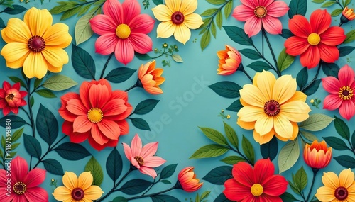 Bold floral motif arranged in a square grid; vibrant color palette , surface, seamless