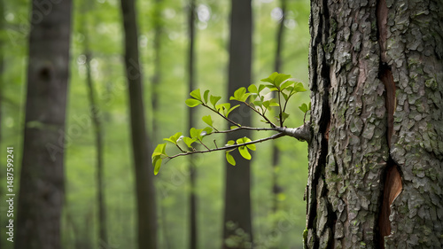 Green fern on the bark of a forest tree photo