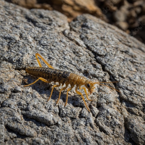 A stonefly larva under rock, winter dormancy, clean cut