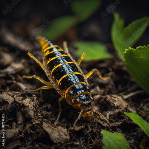A firefly larva in leaf litter, isolated