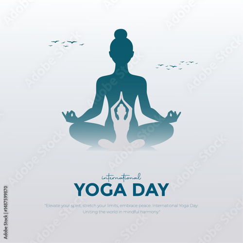International Yoga Day Post and Greeting Card Design. Modern and Elegant Yoga Day Creative with Woman in Meditation Pose Vector Illustration