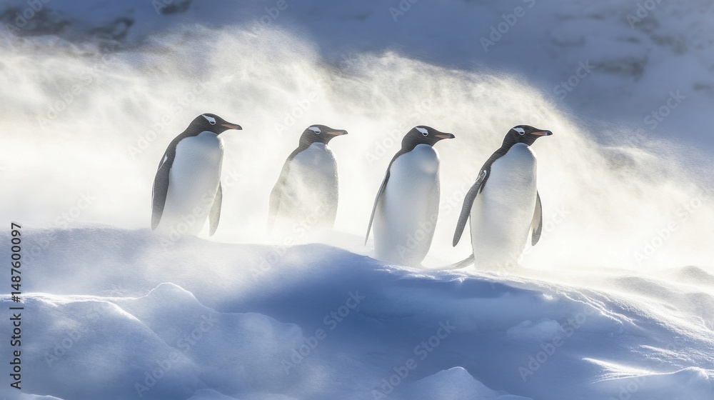 Naklejka premium Penguin group flanked by wind-blown ridges of snow in pristine winter light