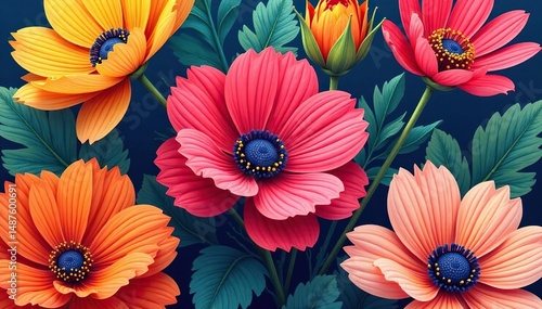 Bold, vibrant floral textile design, large scale blooms, textile, blossom