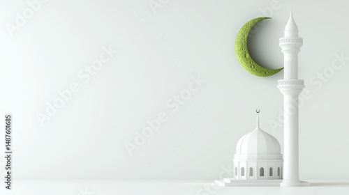 Minimalist white 3D mosque with green crescent moon and minaret on white background