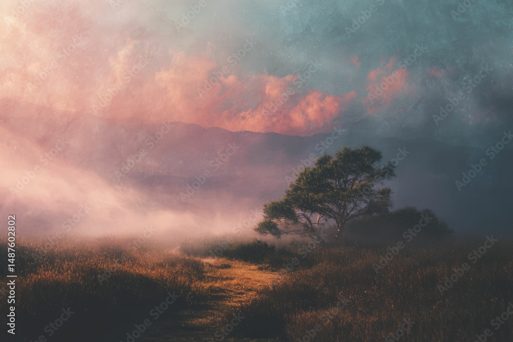 Fototapeta premium Solitary Tree in Misty Landscape: A Serene, Dreamlike Scene