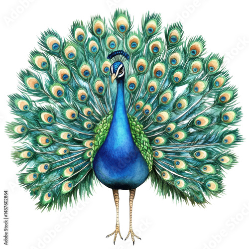 A peacock with open tail on transparent background