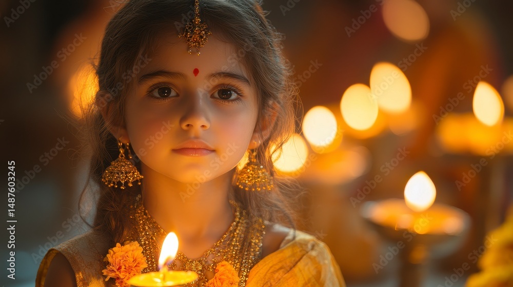A child adorned with jewelry holds a candle, surrounded by other candles A child adorned with jewelry holds a candle, surrounded by other candles