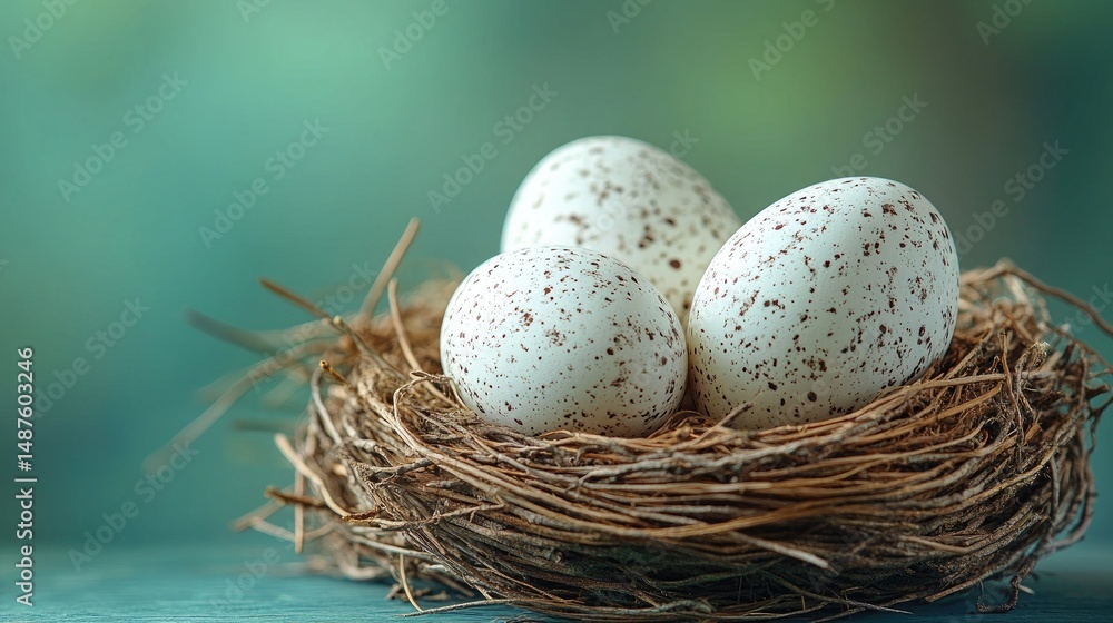 Three speckled eggs rest in a natural bird nest against a teal backdrop. It's perfect for Easter, spring, or nature-themed projects and promotions. Three speckled eggs rest in a natural bird nest against a teal backdrop. It's perfect for Easter, spring, or nature-themed projects and promotions.