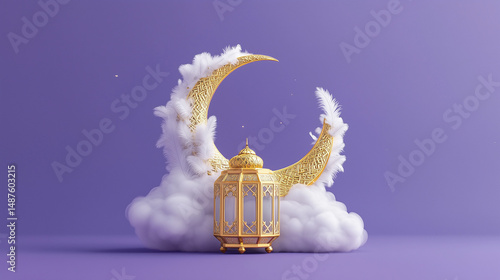 Golden lantern with crescent wings resting on cloud against lavender background in elegant modern Eid design
