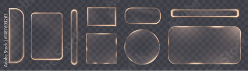Collection of glowing light frames in various geometric shapes with soft orange illumination on transparent background. Ideal for digital UI elements, HUD design, or sci-fi interfaces.

