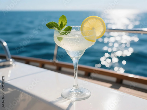 Close up a glass cup of cocktail on Yacht Deck with Condensed Drops, Lemon and Mint on blue sea background