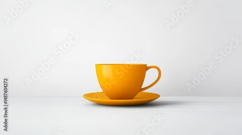 Yellow Teacup on Saucer - A single, vibrant yellow teacup rests on a matching saucer against a clean white background. Simple, elegant, and perfect for minimalist designs