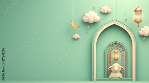 3D white sheep under mosque arch with clouds, lanterns, and crescent moon on mint green festive background