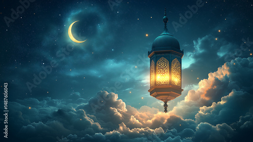 Glowing lantern floating in clouds under crescent moon in deep blue night sky symbolizing spiritual peace