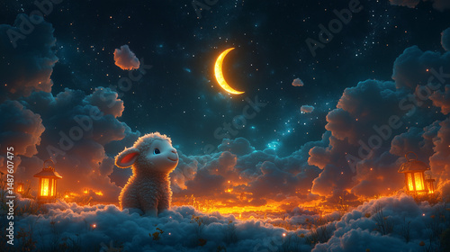 Sheep gazing at crescent moon among glowing clouds in magical night sky symbolizing innocence and devotion