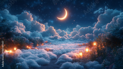Golden crescent moon and floating lanterns glowing above fluffy clouds in dreamlike spiritual fantasy night