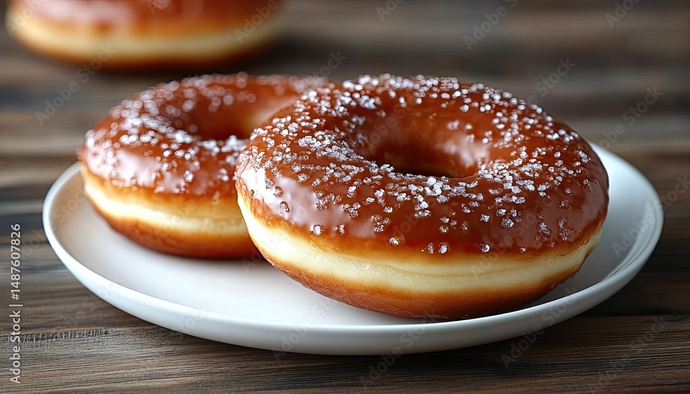 Two glazed donuts, one with coarse sugar, sit on a white plate. Ideal for use in blog posts or recipes about delicious baked goods. Two glazed donuts, one with coarse sugar, sit on a white plate. Ideal for use in blog posts or recipes about delicious baked goods.