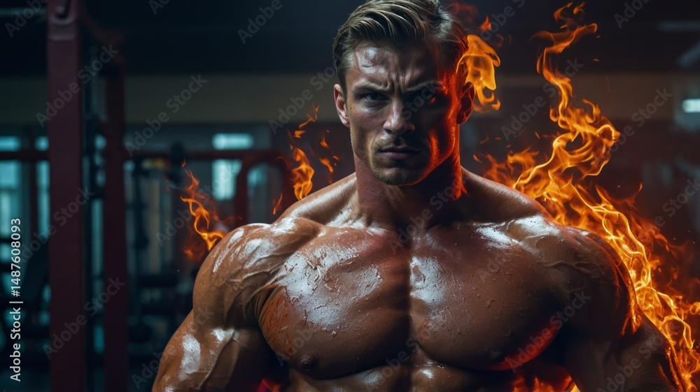 Fototapeta premium Intense muscle workout with fiery energy and powerful physique in gym setting