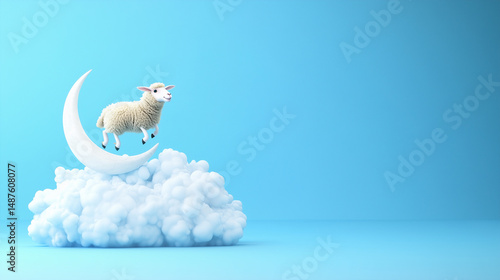 3D sheep on fluffy cloud with crescent moon on bright blue background in clean and whimsical Eid illustration