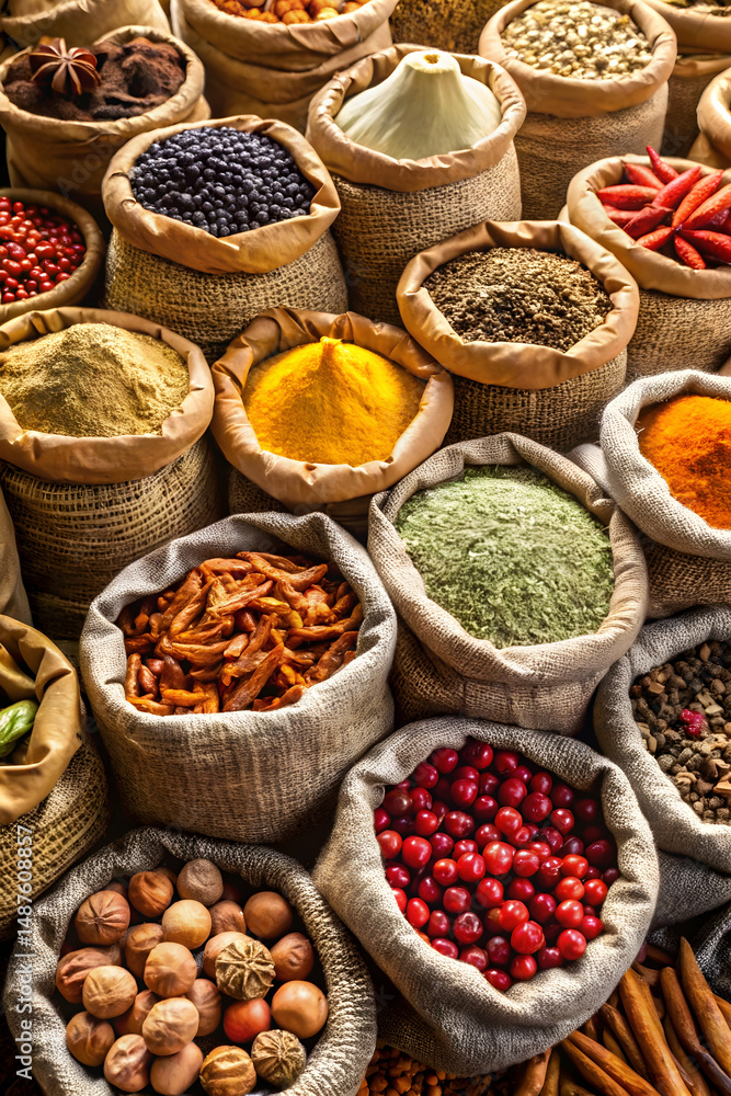 Spices and fruits in bags arranged as colorful natural ingredients for cooking and flavor Spices and fruits in bags arranged as colorful natural ingredients for cooking and flavor