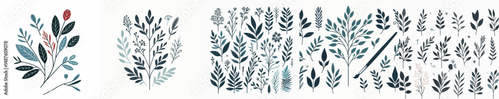 Set vector of stem botany branches and leaves Set vector of stem botany branches and leaves