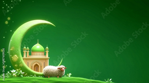 White sheep grazing peacefully under glowing crescent moon with mosque nestled inside