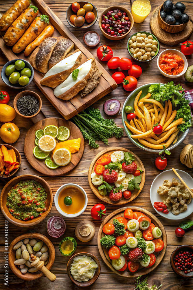 Food on the table arranged as a casual dining setup with diverse tasty meal selection Food on the table arranged as a casual dining setup with diverse tasty meal selection