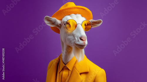 Stylish goat in yellow hat, sweater, and orange sunglasses on purple background