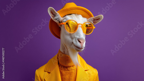 Stylish goat in yellow hat, sweater, and orange sunglasses on purple background