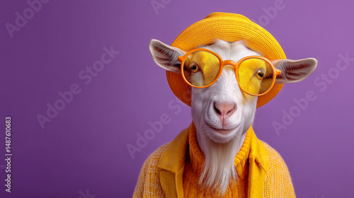 Stylish goat in yellow hat, sweater, and orange sunglasses on purple background