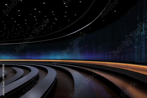 Futuristic Lecture Hall with Curved Screen Displaying Real-Time Data