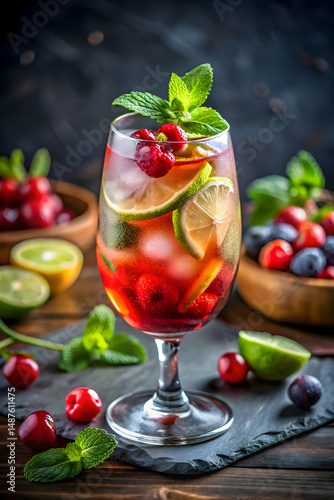 Wallpaper Mural Cold fruit cocktail in glass on table served as refreshing and colorful drink Torontodigital.ca