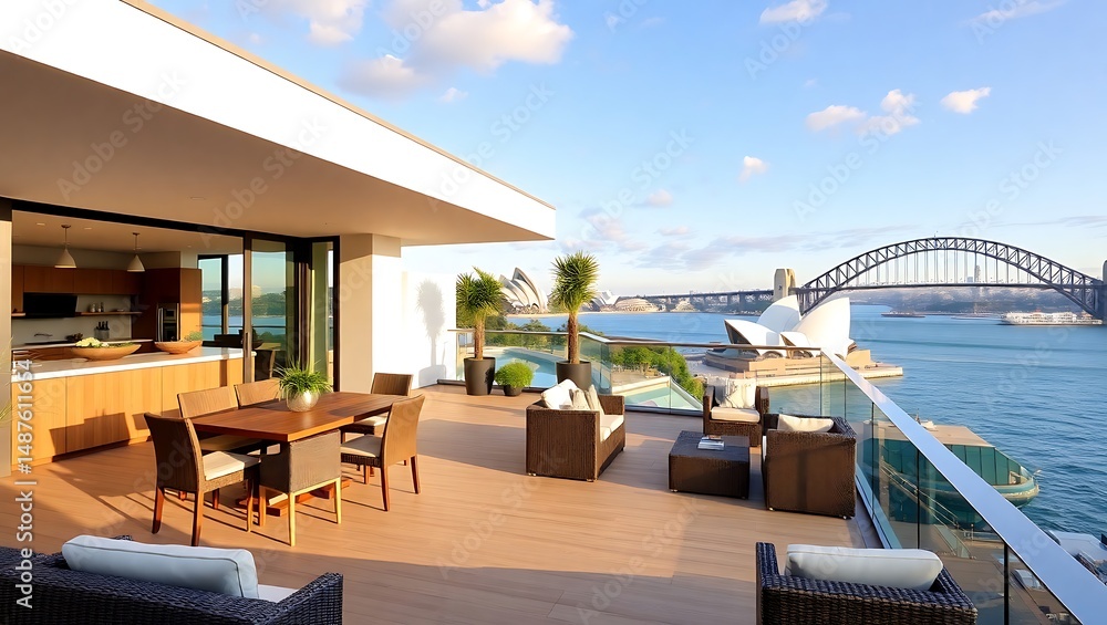 Fototapeta premium Australian luxury terrace in Sydney, Harbour Bridge and Opera House view, modern open design