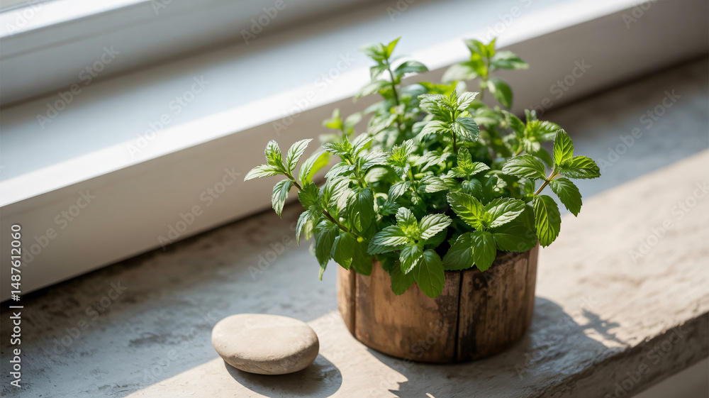 Fototapeta premium Fresh mint plant in a wooden pot minimalist home decor