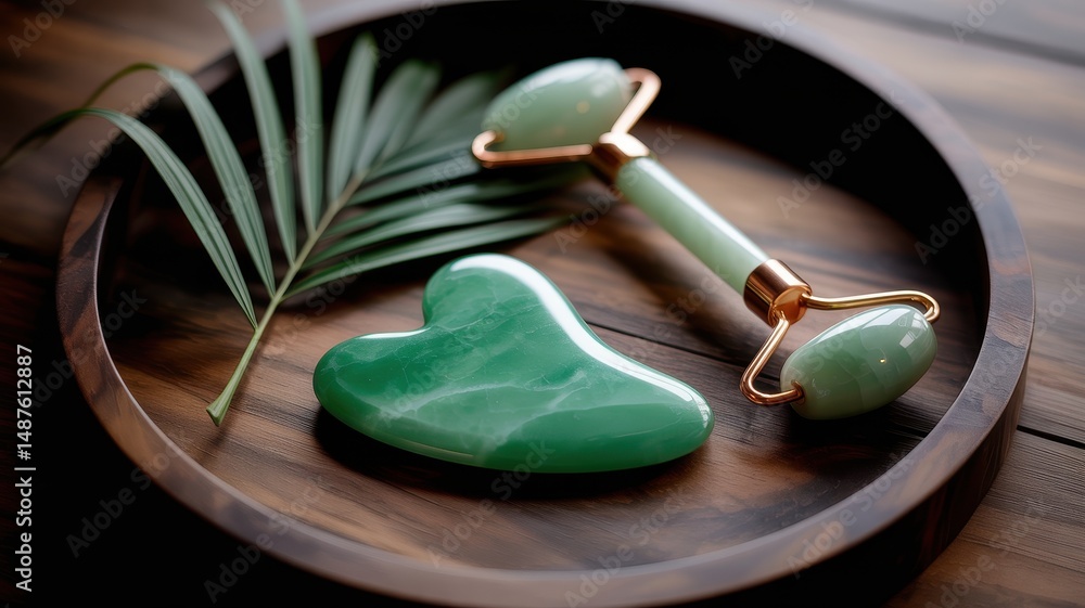 Fototapeta premium Jade heart stones with earrings and copper piece on warm natural backdrop