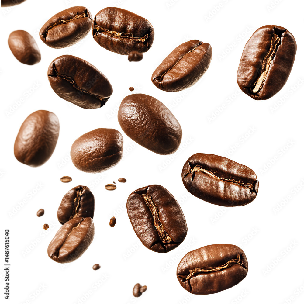 Fototapeta premium Dynamic falling coffee beans. PNG image, transparent background