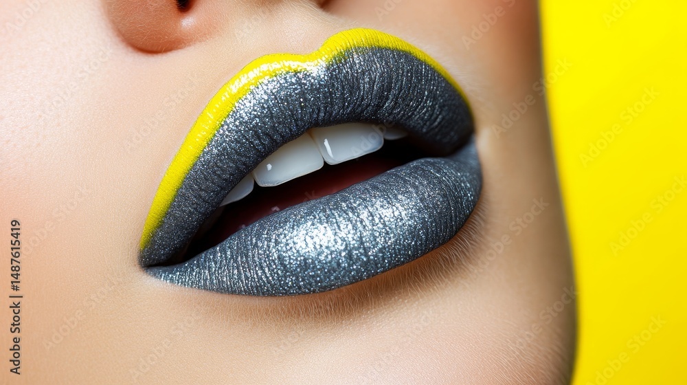 Fototapeta Opal Glow Stormy Gray Lipstick Minimal Sheen - Metallic silver and vibrant yellow lipstick shades create a bold, modern, and glamorous look. Symbolizing: Innovation, confidence, artistry, vibrancy