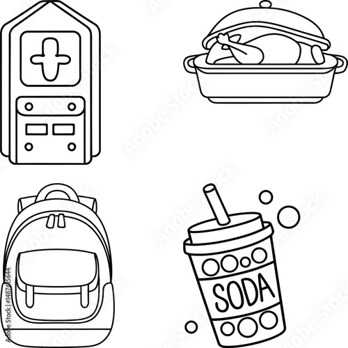 Fast food icon set with burgers drinks sandwiches and breakfast items in cartoon style