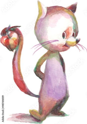 An illustration of a cat standing and holding an apple by its tail