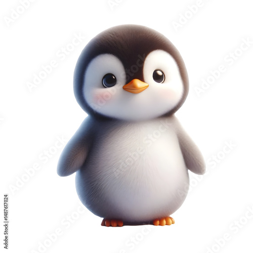 Adorable Cartoon Baby Penguin Character with Fluffy Feathers and Happy Expression
