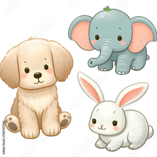 Cute Cartoon Animals Including Puppy, Elephant, and Bunny Illustration