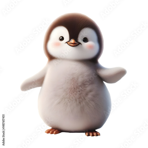 Adorable Cartoon Baby Penguin Character with Fluffy Feathers and Happy Expression