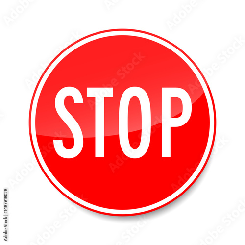 Red circular stop sign vector. Flat warning symbol indicating vehicles must stop.